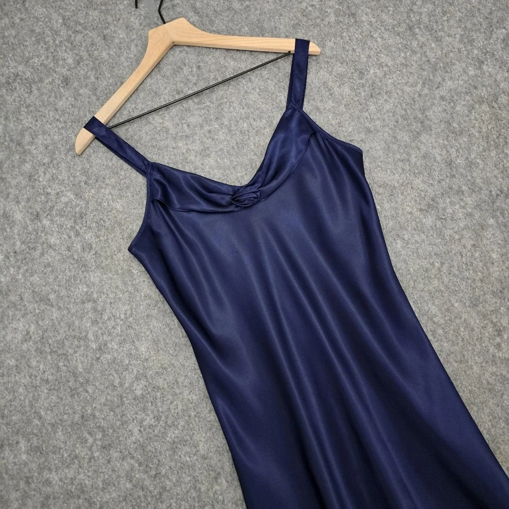 Vtg California Dynasty Nightgown Womens M Navy Satin Rose Chemise‎ Slip Dress